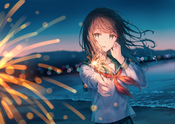 Anime picture 2000x1414 with original hiten (hitenkei) single long hair looking at viewer blush fringe highres open mouth brown hair standing holding outdoors :d pleated skirt wind blurry night night sky beach