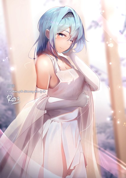 Anime picture 2148x3035 with genshin impact eula lawrence queens rq single tall image looking at viewer blush fringe highres short hair breasts hair between eyes standing brown eyes signed payot blue hair outdoors one eye closed text
