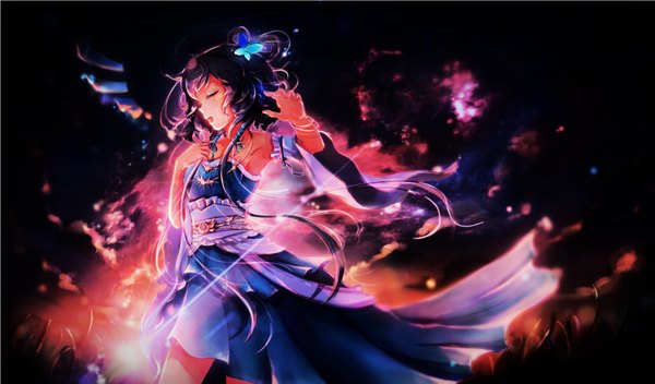 Anime picture 1325x778 with vocaloid vocaloid china luo tianyi xing semi single long hair fringe open mouth wide image sky purple hair cloud (clouds) eyes closed wide sleeves armpit (armpits) light singing girl dress