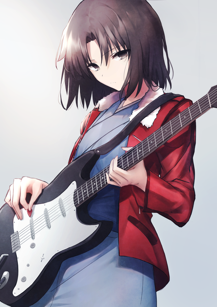 Anime picture 1968x2778 with kara no kyoukai type-moon ryougi shiki okakasushi single tall image looking at viewer fringe highres short hair black hair simple background hair between eyes standing holding traditional clothes head tilt japanese clothes black eyes grey background