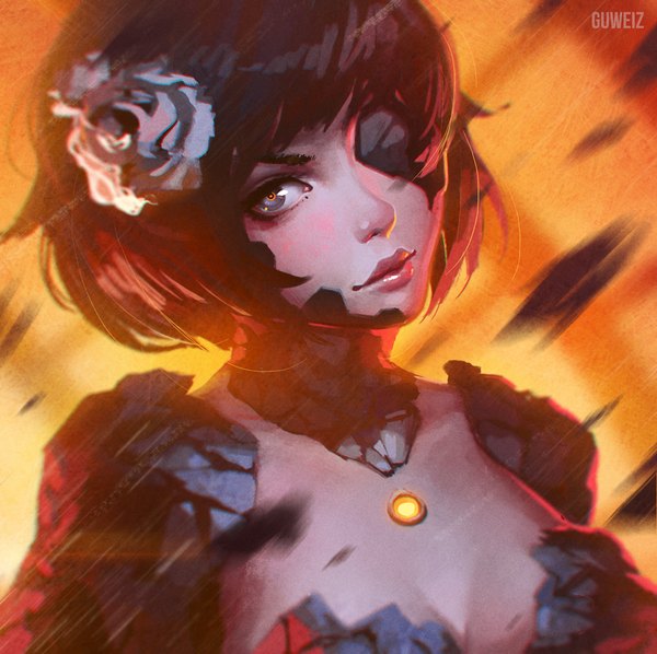 Anime picture 900x898 with original guweiz single looking at viewer fringe short hair black hair hair flower lips grey eyes lipstick close-up eyebrows red lipstick girl flower (flowers) eyepatch
