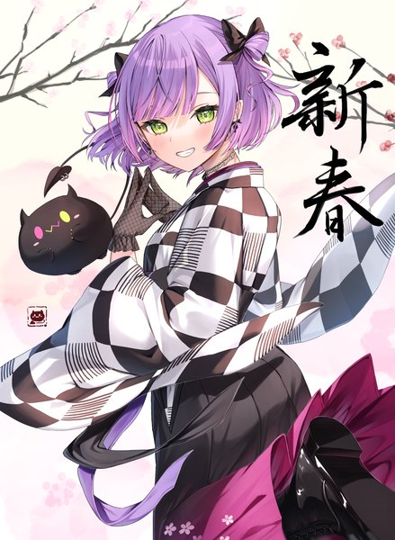 Anime picture 3000x4100 with virtual youtuber hololive tokoyami towa bibi (tokoyami towa) runlan 0329 single tall image looking at viewer highres short hair smile green eyes purple hair traditional clothes japanese clothes looking back two side up grin text cherry blossoms