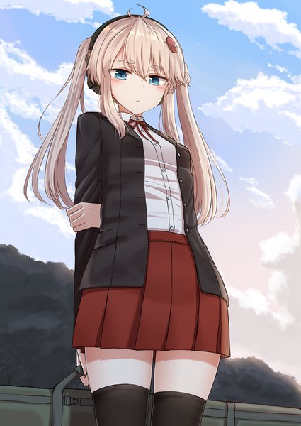 Anime picture 850x1200 with original rabochicken single long hair tall image looking at viewer blush fringe blue eyes blonde hair hair between eyes standing twintails holding payot sky cloud (clouds) ahoge outdoors pleated skirt