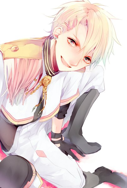 Anime picture 590x874 with uta no prince-sama a-1 pictures kurusu shou hanamori single tall image looking at viewer short hair open mouth blue eyes simple background blonde hair smile white background sitting piercing ear piercing boy gloves black gloves