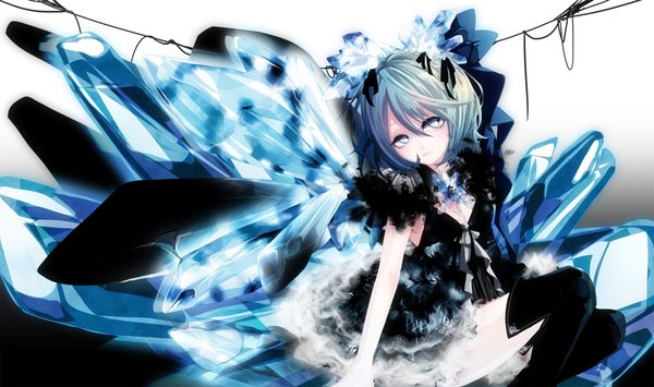 Anime picture 2160x1280 with touhou cirno memai highres short hair wide image blue hair grey eyes girl thighhighs crystal