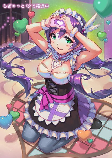 Anime picture 711x1000 with love live! school idol project sunrise (studio) love live! toujou nozomi haoni single long hair tall image looking at viewer blush sitting twintails green eyes purple hair low twintails wariza heart hands girl dress ribbon (ribbons)