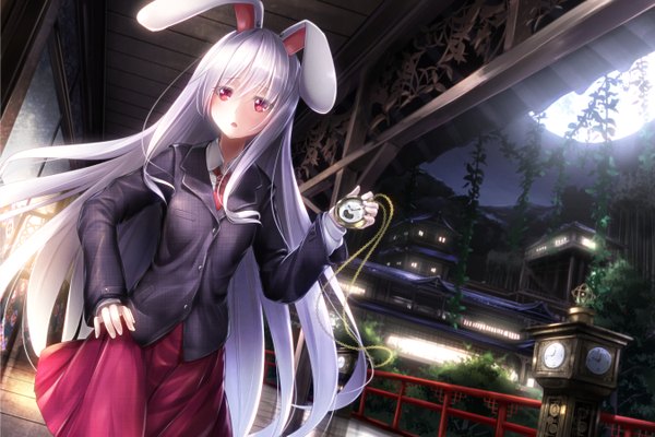 Anime picture 1350x900 with touhou reisen udongein inaba ryosios single long hair looking at viewer blush open mouth red eyes animal ears white hair night bunny ears hand on hip bunny girl girl skirt jacket moon full moon