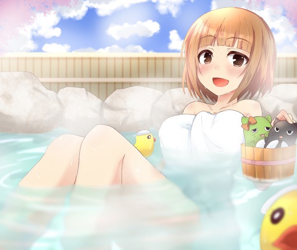Anime picture 920x777 with idolmaster idolmaster cinderella girls kitami yuzu ram hachimin single blush short hair open mouth light erotic smile brown hair brown eyes sky cloud (clouds) bent knee (knees) sunlight cherry blossoms steam naked towel girl