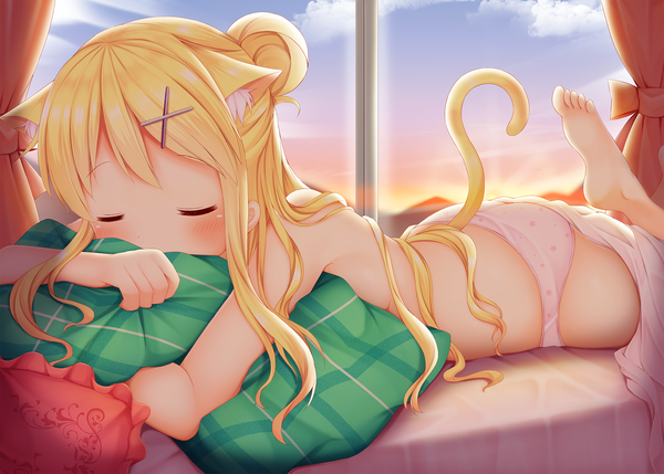 Anime picture 1678x1200 with kin-iro mosaic kujou karen minato (ojitan gozaru) single long hair blush fringe light erotic blonde hair animal ears sky cloud (clouds) indoors tail lying eyes closed animal tail cat ears cat girl cat tail