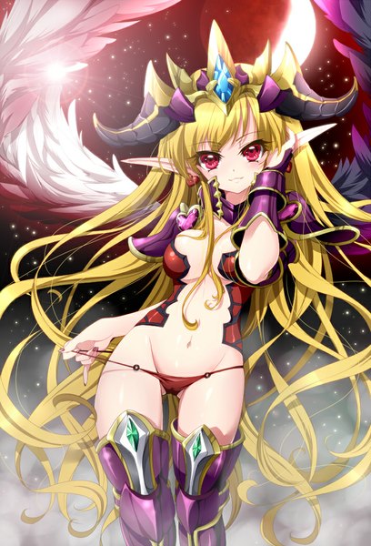 Anime picture 715x1050 with puzzle & dragons lilith (p&d) 221 (artist) single tall image blush light erotic blonde hair smile red eyes very long hair nail polish horn (horns) pointy ears night night sky panty pull crescent girl navel