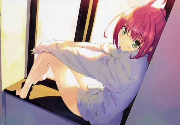 Anime picture 3500x2429 with akizora ni mau confetti kanae ueda ryou single blush highres short hair sitting green eyes pink hair absurdres long sleeves barefoot light smile sunlight girl shirt window sun