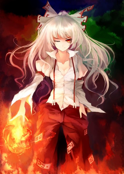Anime picture 1107x1550 with touhou fujiwara no mokou nanahara fuyuki single long hair tall image looking at viewer smile red eyes white hair one eye closed wink hand in pocket girl bow hair bow fire suspenders flame