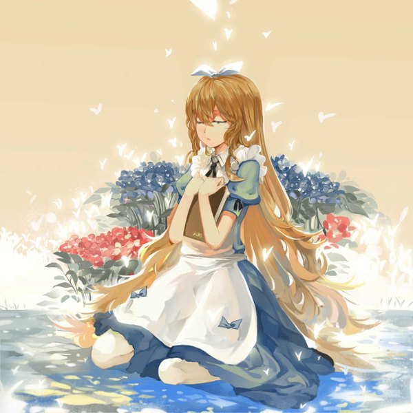 Anime picture 2480x2480 with alice in wonderland alice (wonderland) saberiii single long hair highres blonde hair sitting eyes closed girl dress flower (flowers) bow hair bow book (books) apron