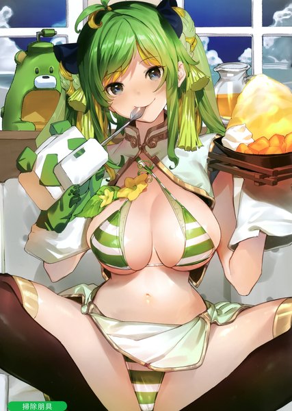 Anime picture 2099x2952 with melonbooks souji hougu single long hair tall image looking at viewer blush fringe highres breasts light erotic smile large breasts sitting twintails holding green eyes signed payot sky