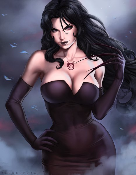 Anime picture 900x1156 with fullmetal alchemist studio bones lust dandon fuga single long hair tall image looking at viewer fringe breasts light erotic black hair smile hair between eyes large breasts standing purple eyes bare shoulders signed payot