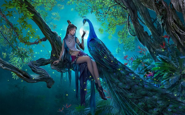 Anime picture 2419x1500 with xin xiao ao jiang hu gu ling da congjun single long hair looking at viewer fringe highres black hair wide image sitting payot full body outdoors arm up black eyes realistic night arm support midriff