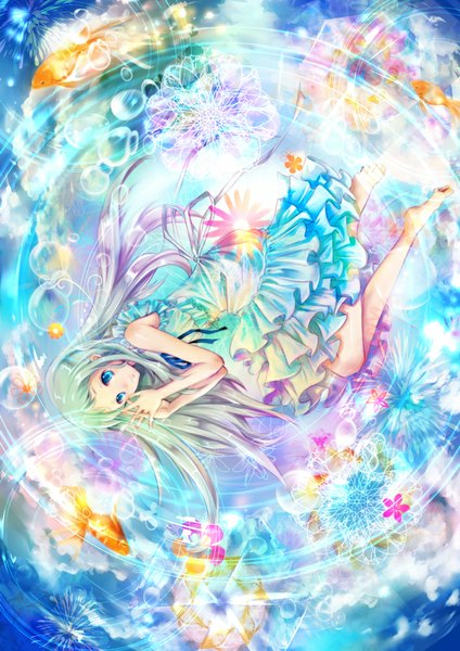 Anime picture 707x1000 with ano hi mita hana no namae wo bokutachi wa mada shiranai a-1 pictures honma meiko sasamoto roco single long hair tall image blue eyes smile bare shoulders silver hair full body lying barefoot girl dress animal frills sundress fish (fishes)