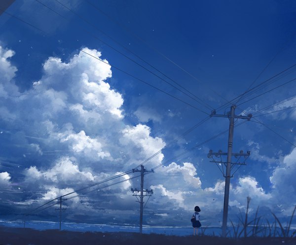 Anime picture 3000x2480 with original axle single highres short hair black hair standing sky cloud (clouds) outdoors pleated skirt wind from behind horizon landscape girl skirt uniform plant (plants) water