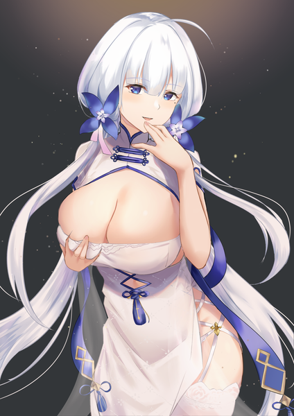 Anime picture 1281x1812 with azur lane illustrious (azur lane) illustrious (maiden lily's radiance) (azur lane) yamikyon single long hair tall image looking at viewer blush fringe breasts open mouth blue eyes light erotic simple background hair between eyes large breasts standing twintails cleavage