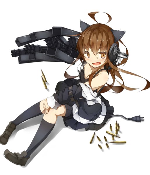 Anime picture 3100x3610 with original and dokari long hair tall image blush highres brown hair brown eyes animal ears absurdres ahoge cat ears girl dress weapon socks shoes gun black socks cartridge