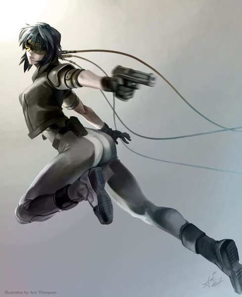 Anime picture 2864x3516 with ghost in the shell production i.g kusanagi motoko ami thompson single tall image fringe highres short hair simple background signed blue hair looking back girl gloves weapon gun pants goggles wire (wires)