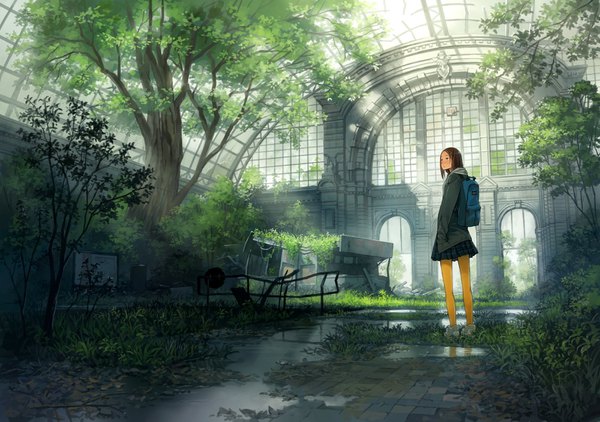 Anime picture 1600x1127 with original yoshida seiji single blush short hair brown hair looking away full body indoors long sleeves pleated skirt sunlight shadow reflection expressionless hands in pockets architecture girl skirt plant (plants)