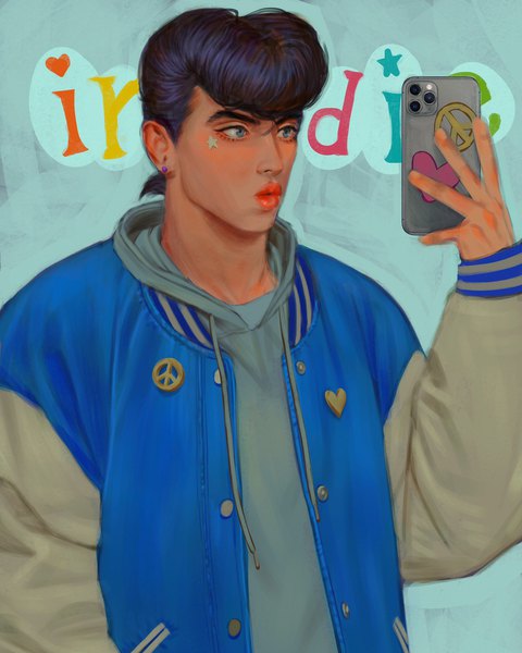 Аниме картинка 1638x2048 с невероятные приключения джоджо higashikata jousuke kkoo (jubin0816) один (одна) высокое изображение короткие волосы голубые глаза чёрные волосы смотрит в сторону верхняя часть тела расстёгнутая куртка селфи pompadour символ мира мужчина серёжки куртка капюшон мобильный телефон толстовка с капюшоном