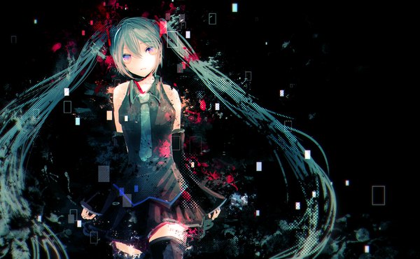 イラスト 1618x1000 と ボーカロイド 初音ミク nyakkunn ソロ カメラ目線 前髪 hair between eyes wide image 紫目 ツインテール 肩出し very long hair parted lips head tilt pleated skirt aqua hair wide sleeves black background sleeves past wrists multicolored eyes