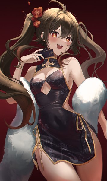 Anime picture 1348x2280 with genshin impact hu tao (genshin impact) chie (user snfh8333) single long hair tall image looking at viewer blush fringe breasts open mouth light erotic smile hair between eyes red eyes brown hair standing twintails bare shoulders holding
