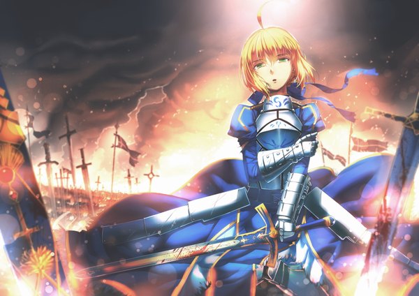 Anime picture 2000x1414 with fate (series) fate/stay night type-moon artoria pendragon (all) saber siqi (miharuu) single long hair highres blonde hair green eyes looking away ahoge ponytail puffy sleeves smoke blood stains bloody weapon girl ribbon (ribbons)