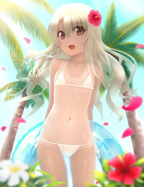 Anime picture 1000x1300 with fate (series) fate/kaleid liner prisma illya illyasviel von einzbern siraha single long hair tall image looking at viewer fringe light erotic blonde hair hair between eyes red eyes standing bare shoulders holding sky outdoors hair flower blurry