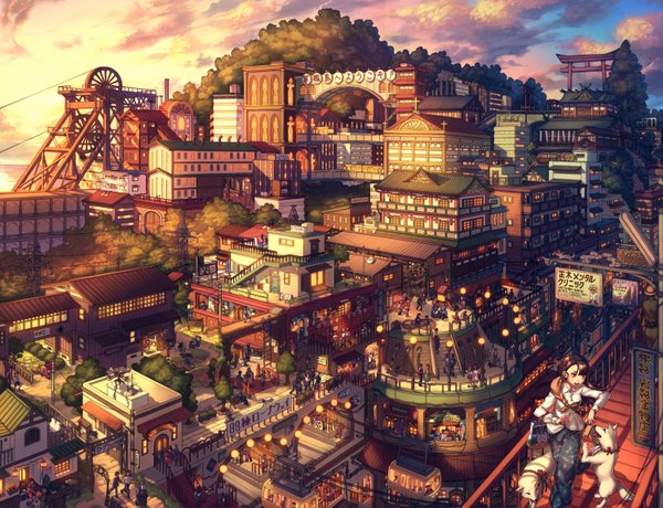 Anime picture 3000x2300 with original asano shiki highres traditional clothes japanese clothes city cityscape scenic girl boy animal building (buildings) dog torii people factory