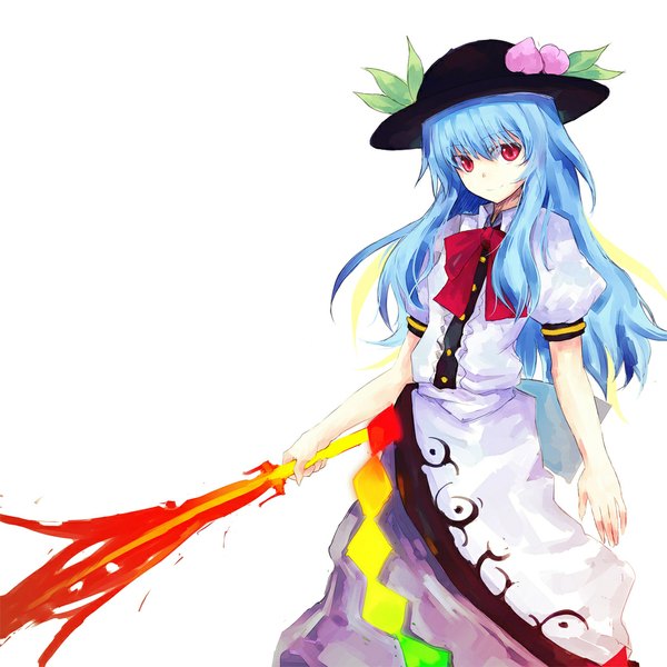 Аниме картинка 1050x1050 с touhou хинанави тенши asagi shii один (одна) красные глаза белый фон синие волосы девушка бант шляпа меч