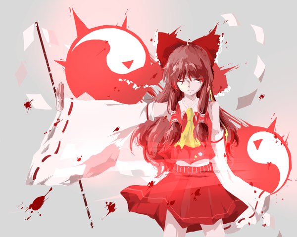 Anime picture 1500x1200 with touhou hakurei reimu tudou or takoyaki single long hair looking at viewer fringe simple background hair between eyes brown hair standing bare shoulders upper body long sleeves traditional clothes japanese clothes one eye closed black eyes grey background wide sleeves