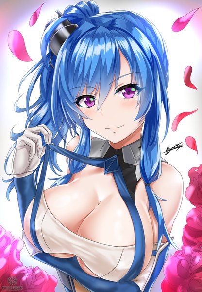 Anime picture 2500x3600 with azur lane st. louis (azur lane) nez-kun (nezkunn) single long hair tall image looking at viewer blush fringe highres breasts light erotic hair between eyes large breasts purple eyes signed blue hair cleavage light smile underboob