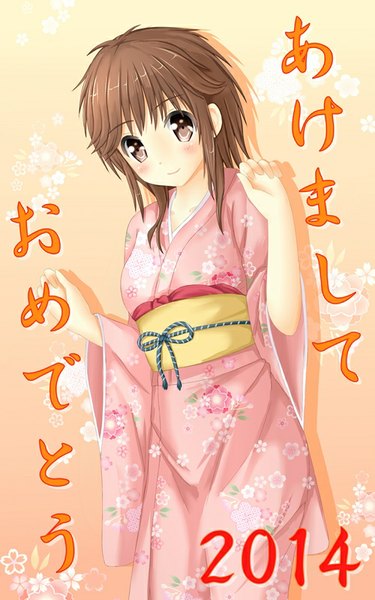 Anime picture 500x800 with tear yu single long hair tall image looking at viewer blush fringe brown hair standing brown eyes traditional clothes japanese clothes hieroglyph girl kimono