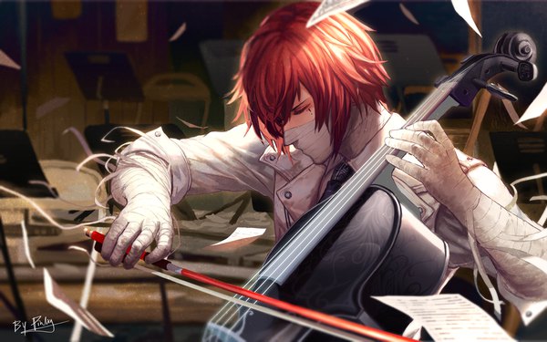 Anime picture 1024x640 with original pinlin single fringe short hair signed red hair eyes closed head tilt wind covered mouth playing instrument boy bandage (bandages) musical instrument paper bow (instrument) cello