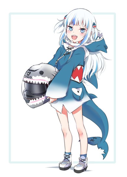Anime picture 1143x1600 with virtual youtuber hololive hololive english gawr gura gawr gura (1st costume) iesupa single long hair tall image looking at viewer blue eyes simple background standing white background full body white hair tail long sleeves teeth border