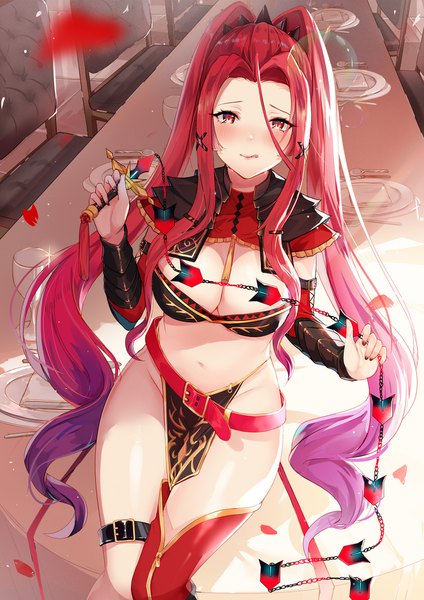 Anime picture 1300x1839 with #compass hum (ten ten) single long hair tall image looking at viewer blush fringe breasts light erotic hair between eyes red eyes large breasts sitting holding payot cleavage red hair indoors nail polish