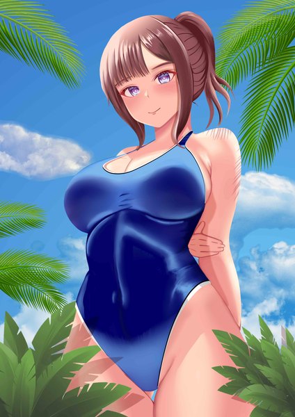 Anime-Bild 3508x4961 mit original ronikx art single tall image looking at viewer fringe highres short hair breasts blue eyes light erotic brown hair large breasts standing payot absurdres sky cloud (clouds) outdoors ponytail