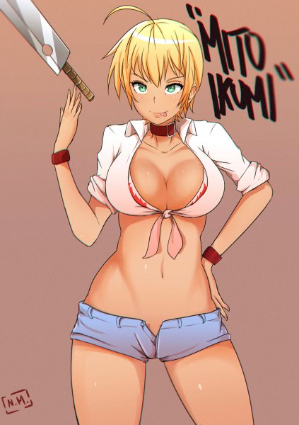 Anime picture 846x1200 with shokugeki no soma j.c. staff mito ikumi norman maggot tall image fringe short hair breasts light erotic simple background blonde hair smile large breasts green eyes bare belly midriff brown background open shorts girl navel