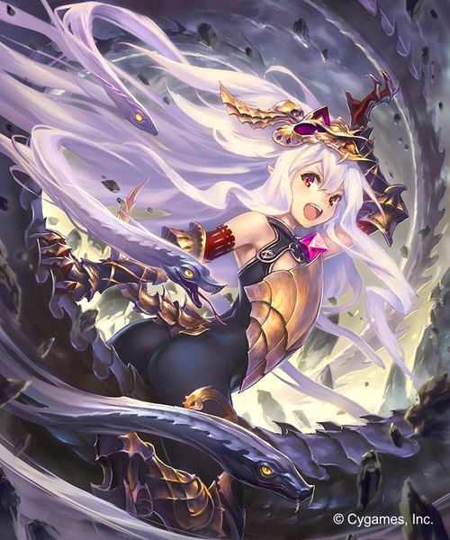 Anime picture 750x900 with shingeki no bahamut granblue fantasy medusa (shingeki no bahamut) hisakata souji long hair tall image looking at viewer fringe open mouth light erotic red eyes standing bare shoulders purple hair cloud (clouds) bent knee (knees) white hair tail looking back multicolored hair