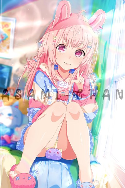 Anime-Bild 850x1275 mit virtual youtuber phase connect pipkin pippa pipkin pippa (1st costume) asami-chan single long hair tall image light erotic sitting signed animal ears pink hair ahoge indoors pink eyes bare legs bunny ears watermark convenient censoring