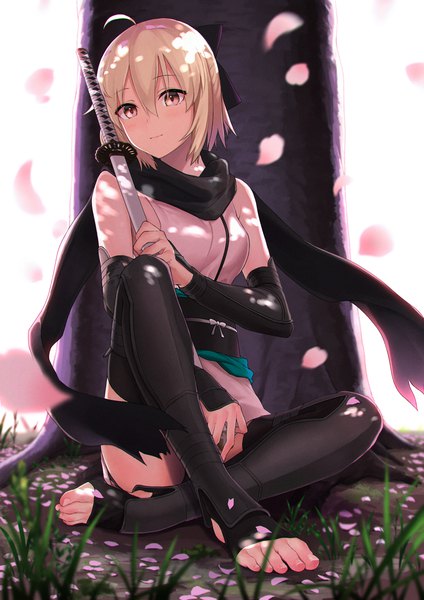 Anime picture 800x1131 with fate (series) okita souji (fate) (all) okita souji (koha-ace) deca purio single tall image looking at viewer blush fringe short hair blonde hair hair between eyes sitting bare shoulders holding ahoge bent knee (knees) outdoors head tilt pink eyes