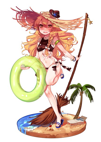 Anime picture 1819x2551 with touhou kirisame marisa shan single long hair tall image looking at viewer highres open mouth light erotic simple background blonde hair smile white background yellow eyes full body braid (braids) high heels beach wavy hair