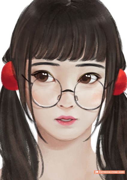 Anime picture 2480x3508 with original jubi (regiana) single tall image fringe highres brown hair white background twintails brown eyes signed looking away blunt bangs parted lips lipstick portrait pink lipstick girl glasses