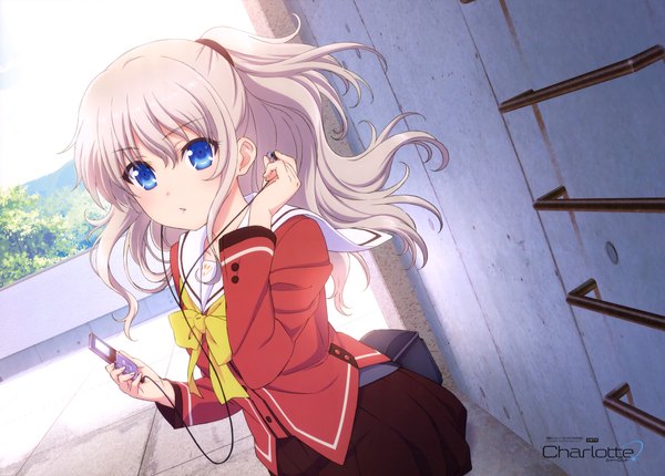 Anime picture 8420x6045 with charlotte p.a. works tomori nao single long hair looking at viewer highres blue eyes absurdres white hair official art hand on headphones girl uniform school uniform headphones digital media player