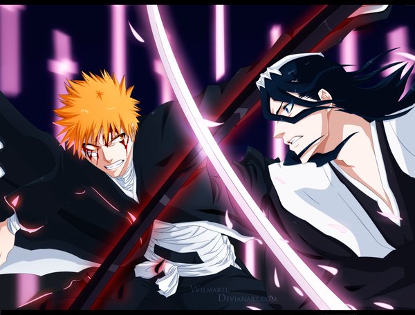 Anime picture 2600x1976 with bleach studio pierrot kurosaki ichigo kuchiki byakuya wilmarti long hair highres short hair blue eyes black hair japanese clothes profile orange hair multiple boys orange eyes grin coloring angry battle boy