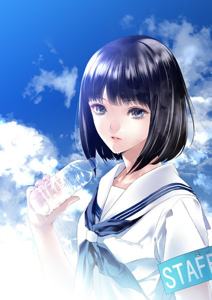 Anime picture 707x1000 with original kiyohara hiro single tall image looking at viewer short hair blue eyes black hair sky cloud (clouds) girl uniform school uniform water drop bottle armband