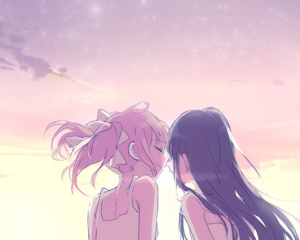 Anime picture 1181x944 with mahou shoujo madoka magica shaft (studio) akemi homura kaname madoka zgxuke long hair black hair twintails multiple girls pink hair sky cloud (clouds) eyes closed head tilt light smile from behind back shoujo ai face to face almost kiss